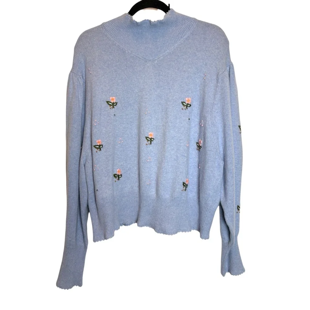 Something Navy Embroidered Mock Neck Sweater Blue Floral NWT Wool Blend Size XXL